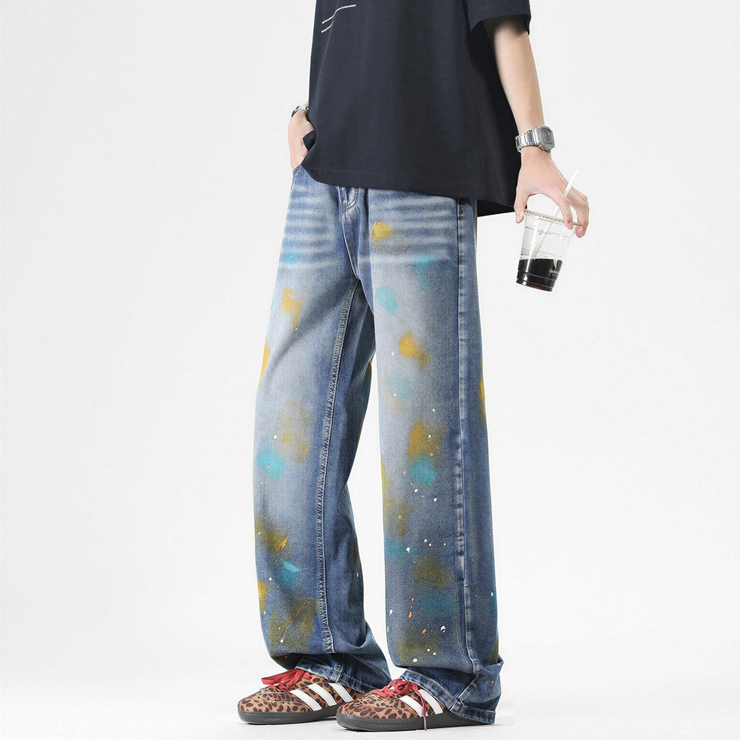 Men's Spring Color Splash Ink Washed Baggy Denim Jeans