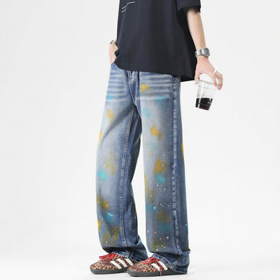 Men's Spring Color Splash Ink Washed Baggy Denim Jeans