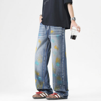 Men's Spring Color Splash Ink Washed Baggy Denim Jeans