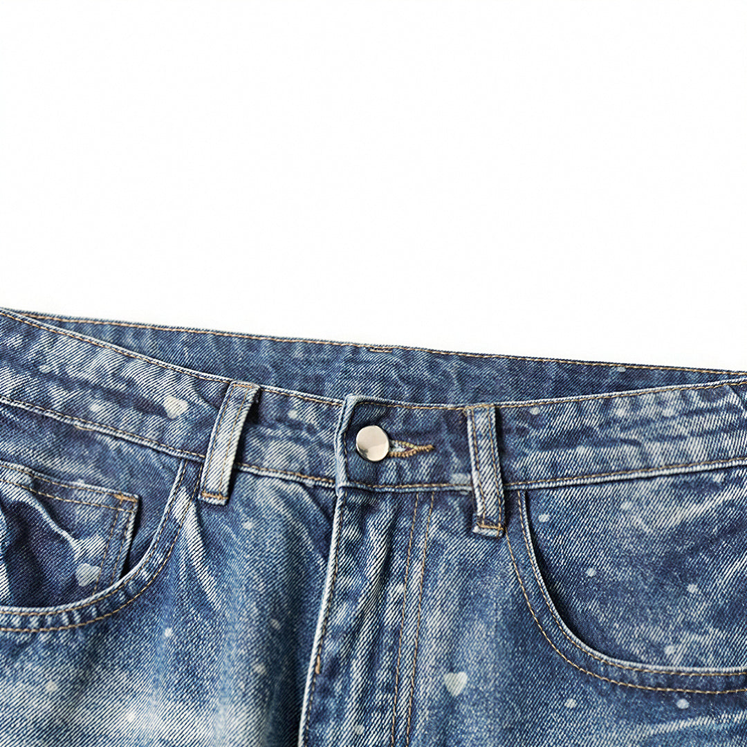 Men's Spring Heart Print Washed Baggy Wide Leg Denim Jeans