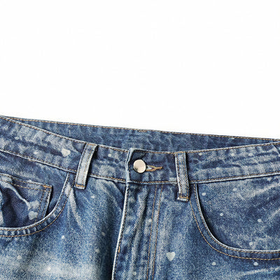 Men's Spring Heart Print Washed Baggy Wide Leg Denim Jeans