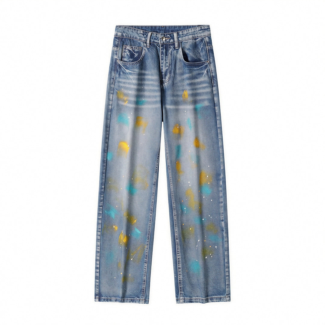 Men's Spring Color Splash Ink Washed Baggy Denim Jeans