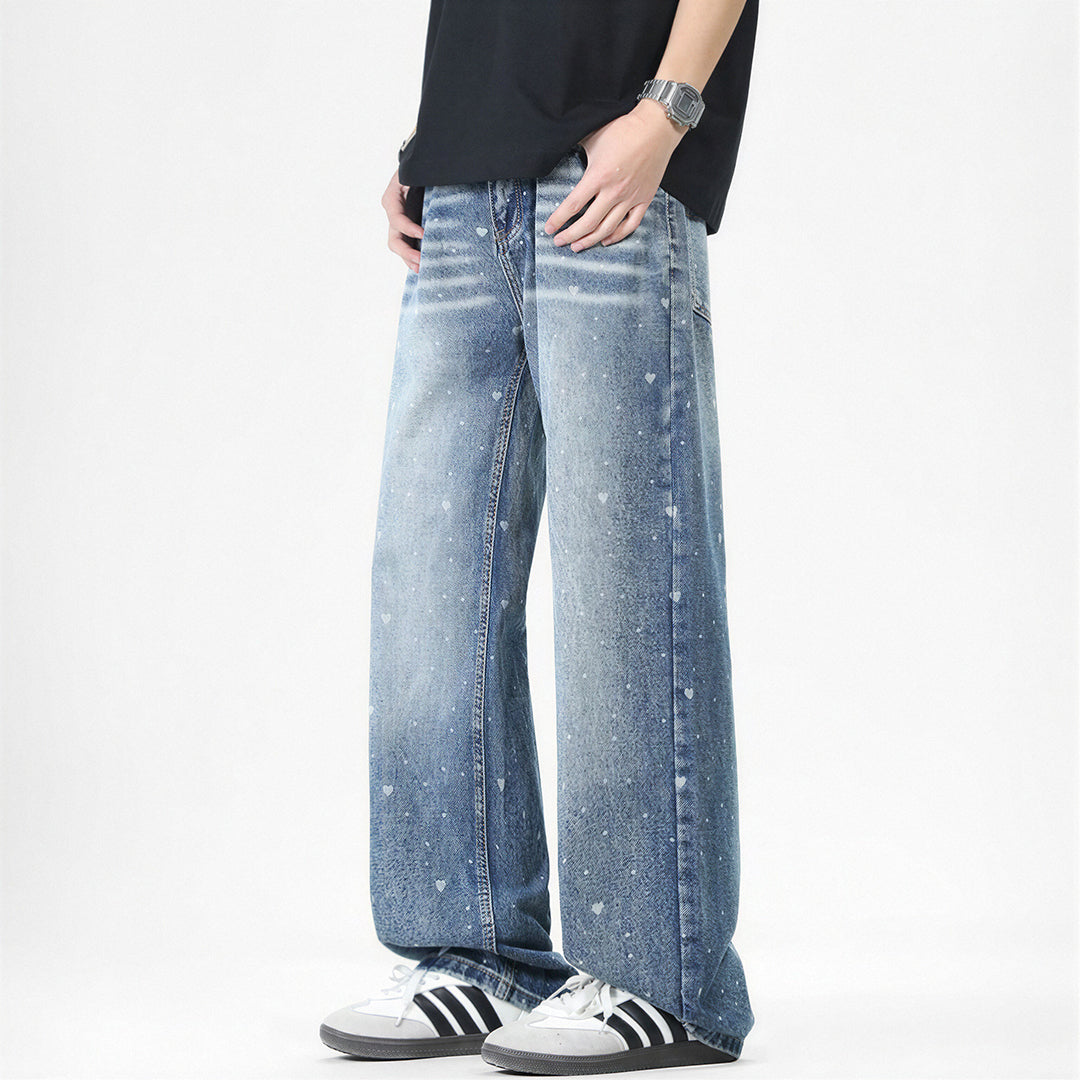 Men's Spring Heart Print Washed Baggy Wide Leg Denim Jeans