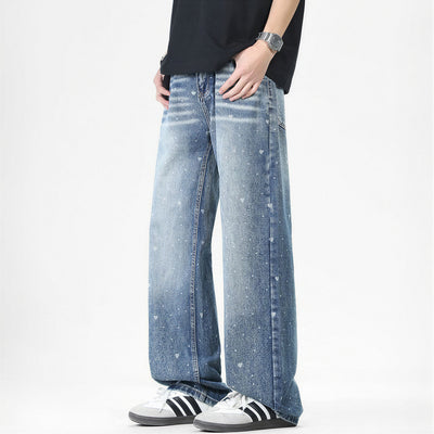 Men's Spring Heart Print Washed Baggy Wide Leg Denim Jeans