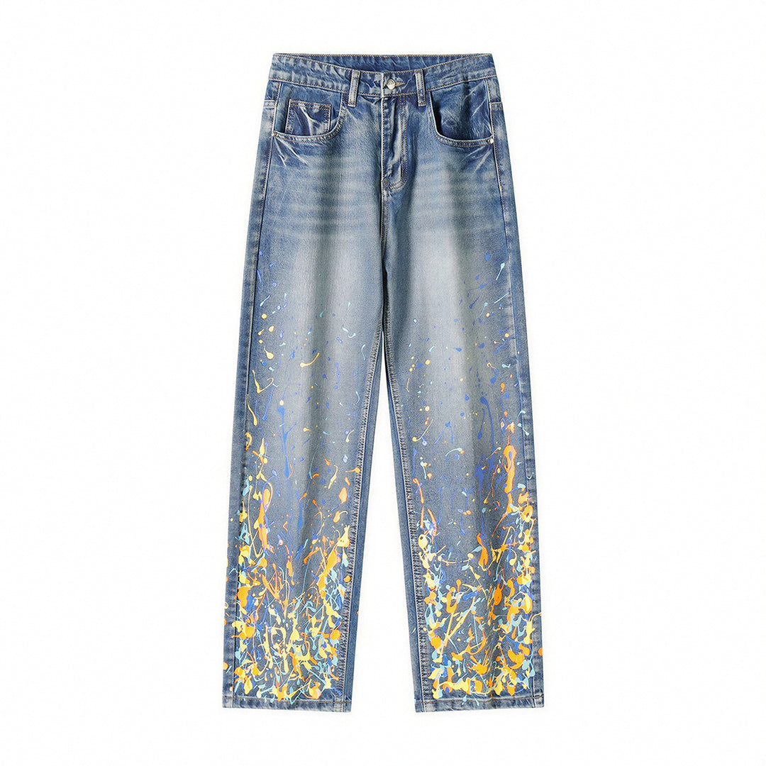 Men's Spring Flame Splash Ink Spliced Washed Denim Jeans