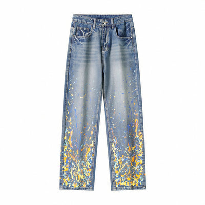 Men's Spring Flame Splash Ink Spliced Washed Denim Jeans
