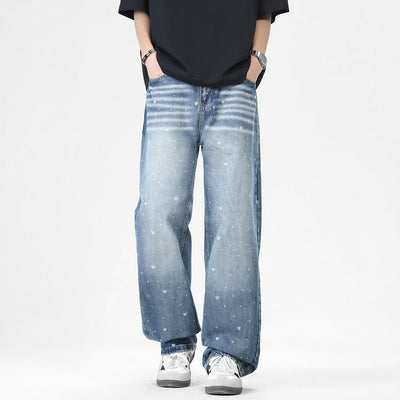 Men's Spring Heart Print Washed Baggy Wide Leg Denim Jeans