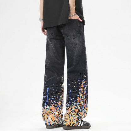 Men's Spring Flame Splash Ink Spliced Washed Denim Jeans
