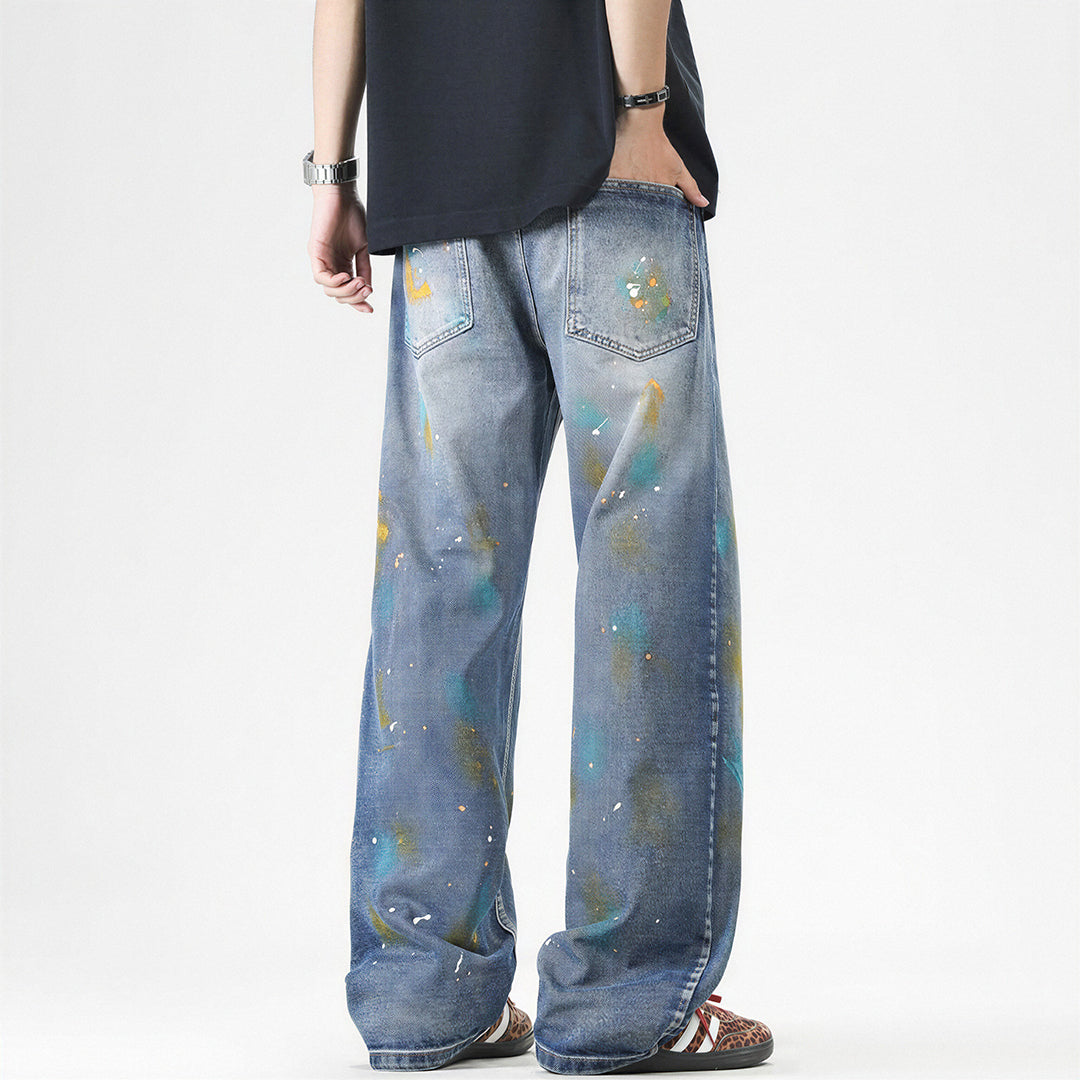 Men's Spring Color Splash Ink Washed Baggy Denim Jeans