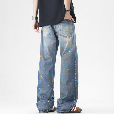 Men's Spring Color Splash Ink Washed Baggy Denim Jeans
