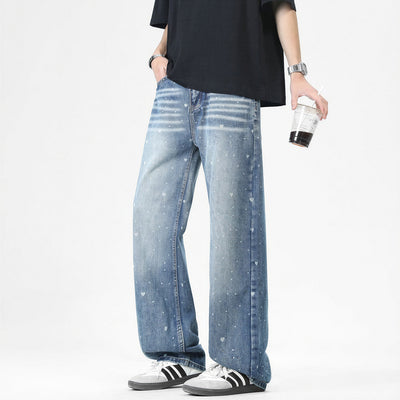 Men's Spring Heart Print Washed Baggy Wide Leg Denim Jeans