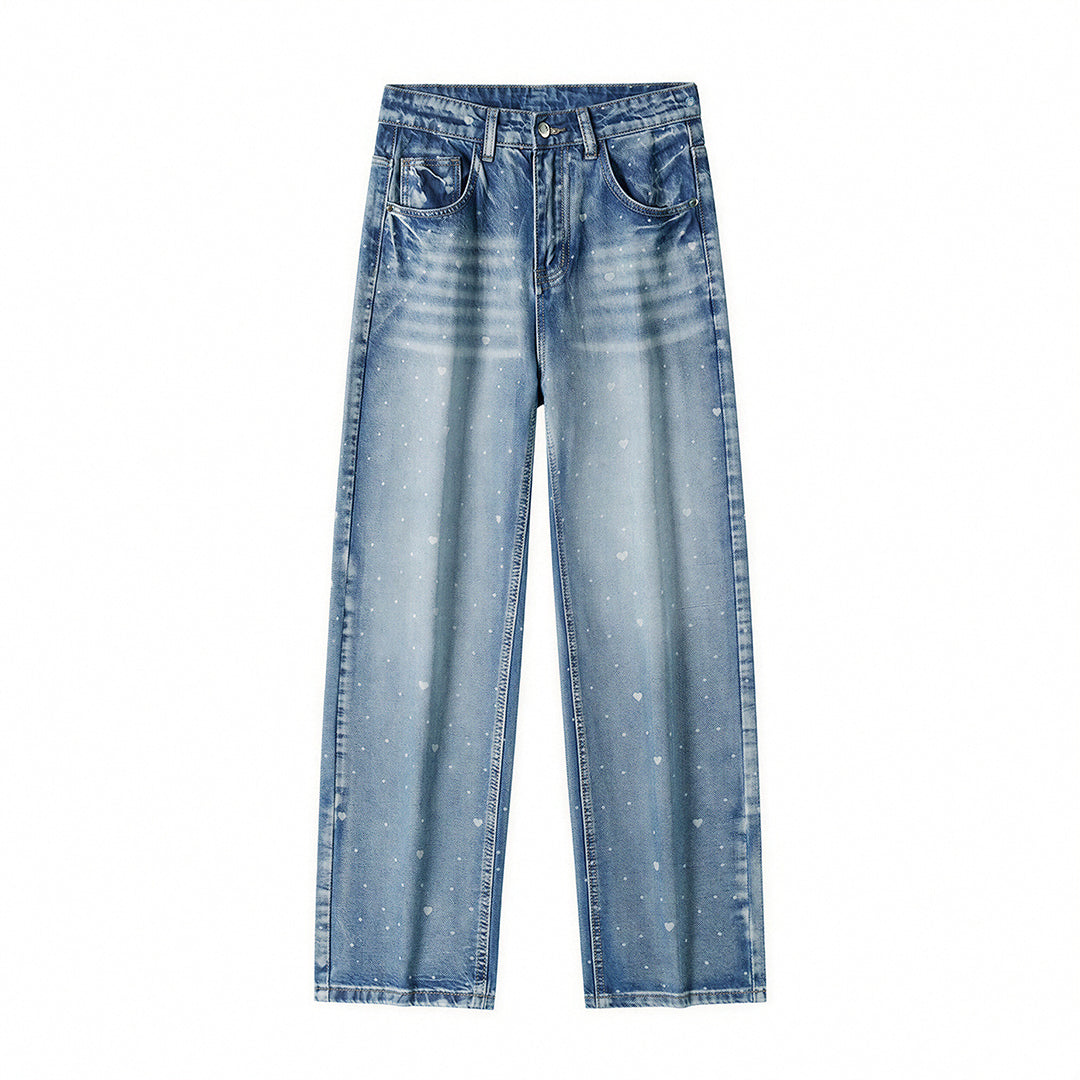 Men's Spring Heart Print Washed Baggy Wide Leg Denim Jeans