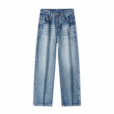 Men's Spring Heart Print Washed Baggy Wide Leg Denim Jeans