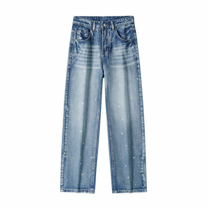 Men's Spring Heart Print Washed Baggy Wide Leg Denim Jeans