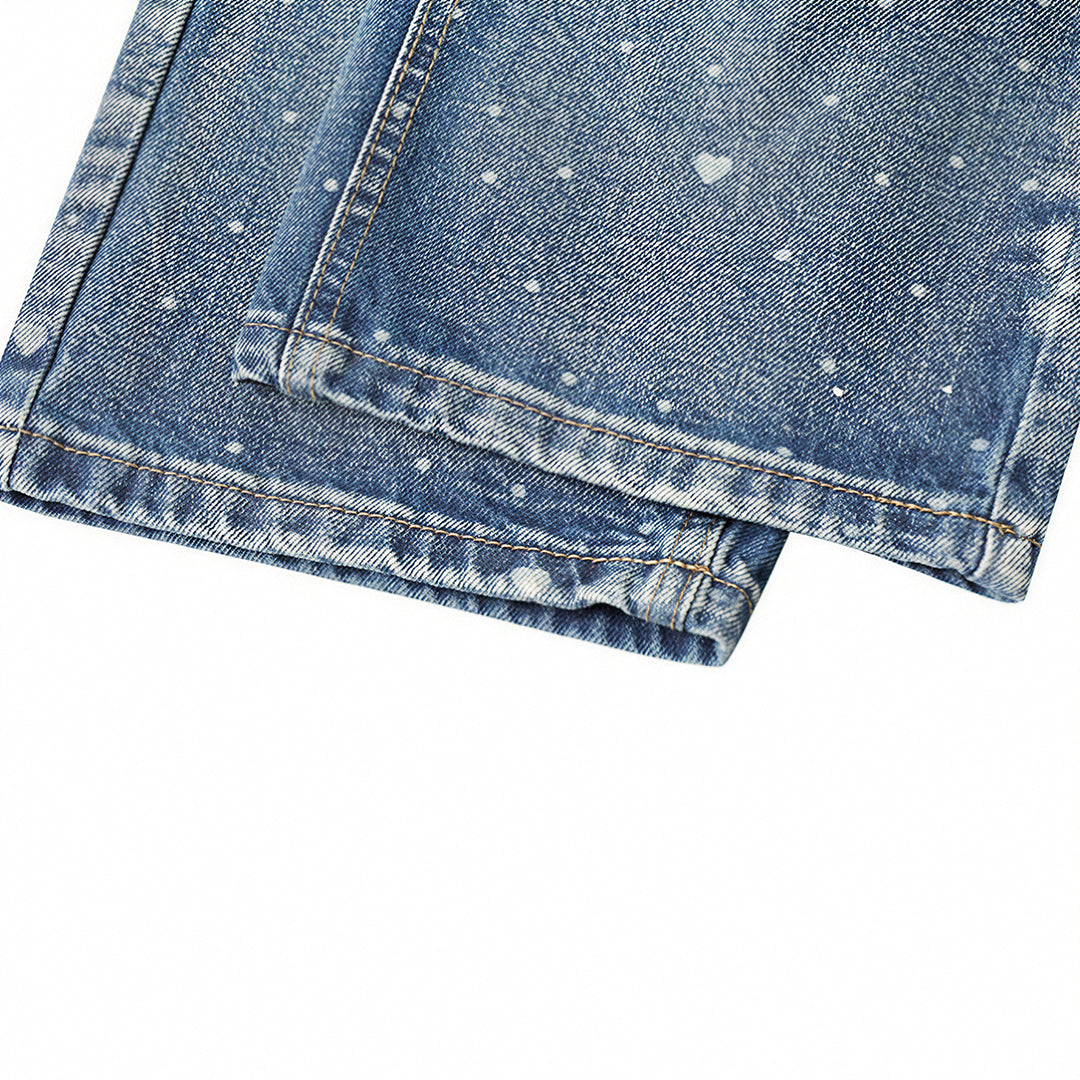 Men's Spring Heart Print Washed Baggy Wide Leg Denim Jeans