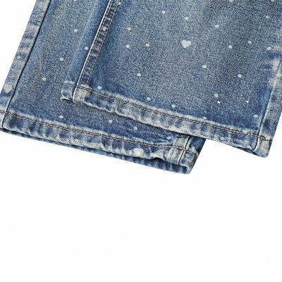 Men's Spring Heart Print Washed Baggy Wide Leg Denim Jeans