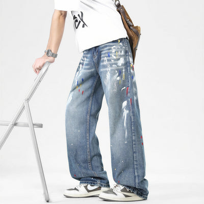 Men's Spring Graffiti Splash Ink Washed Baggy Denim Jeans