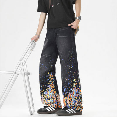 Men's Spring Flame Splash Ink Spliced Washed Denim Jeans