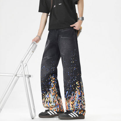 Men's Spring Flame Splash Ink Spliced Washed Denim Jeans