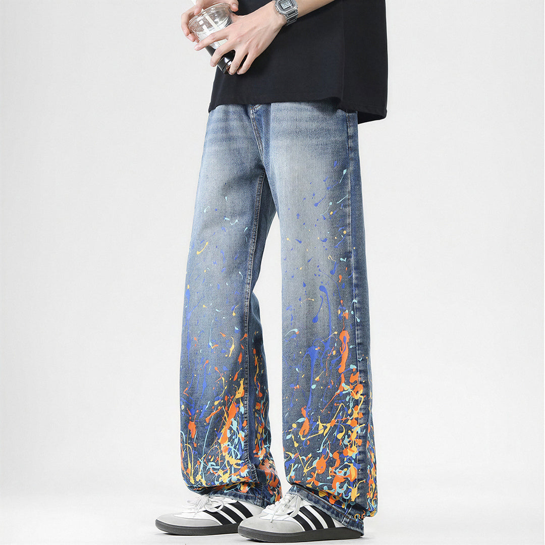 Men's Spring Flame Splash Ink Spliced Washed Denim Jeans