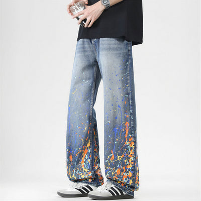 Men's Spring Flame Splash Ink Spliced Washed Denim Jeans