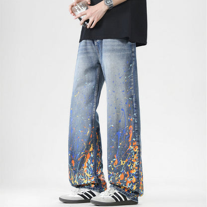 Men's Spring Flame Splash Ink Spliced Washed Denim Jeans