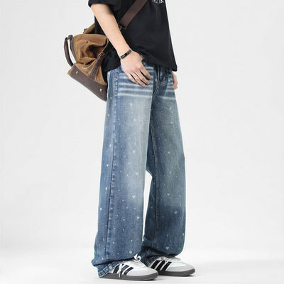 Men's Spring Heart Print Washed Baggy Wide Leg Denim Jeans