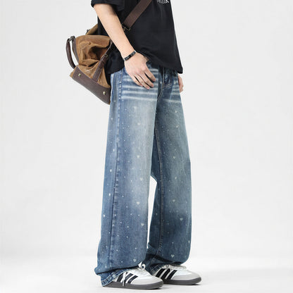 Men's Spring Heart Print Washed Baggy Wide Leg Denim Jeans