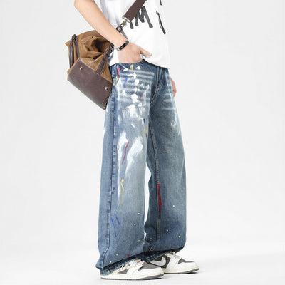 Men's Spring Graffiti Splash Ink Washed Baggy Denim Jeans
