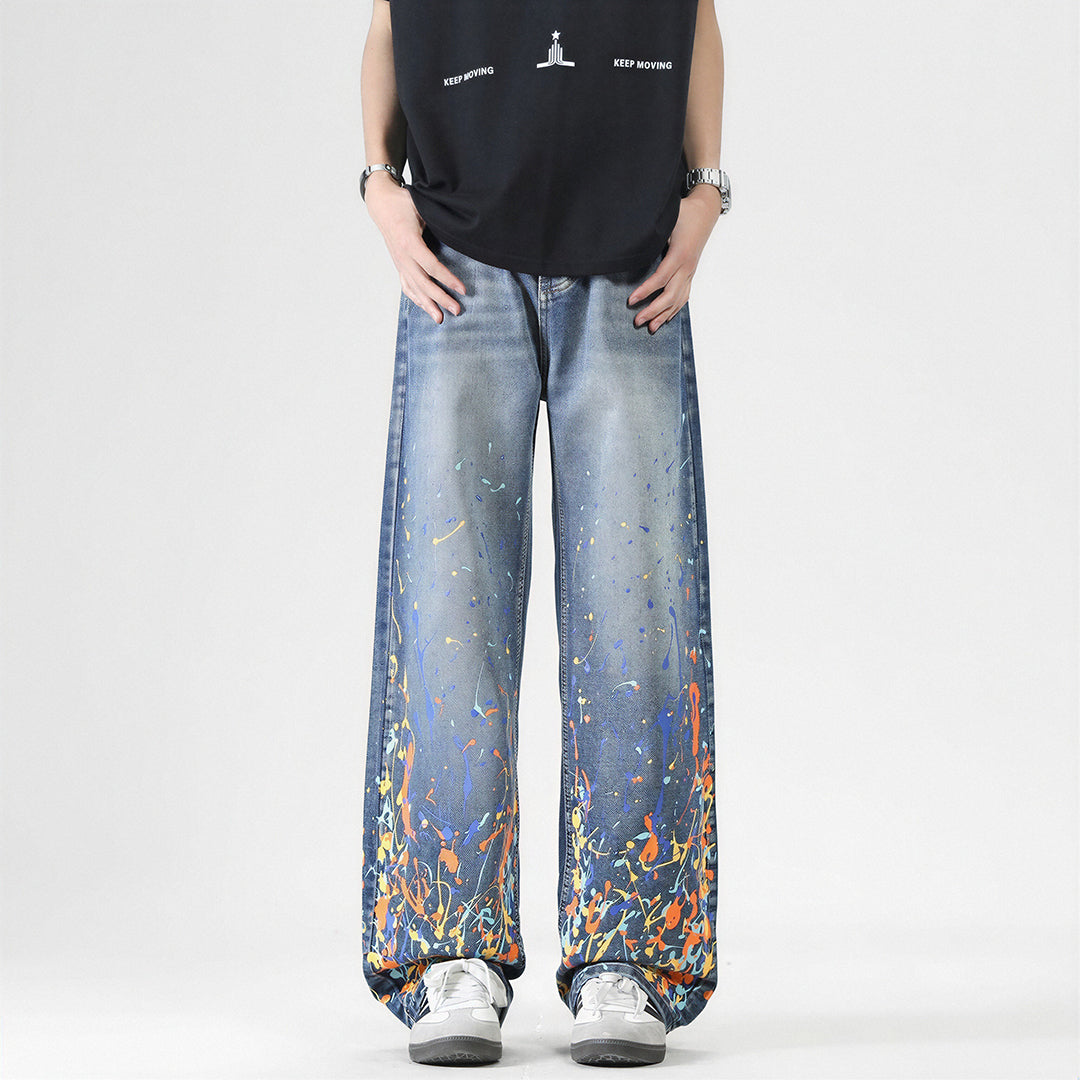 Men's Spring Flame Splash Ink Spliced Washed Denim Jeans