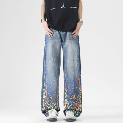 Men's Spring Flame Splash Ink Spliced Washed Denim Jeans