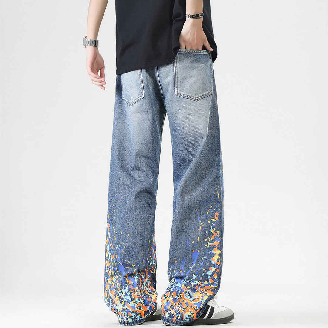 Men's Spring Flame Splash Ink Spliced Washed Denim Jeans