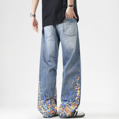 Men's Spring Flame Splash Ink Spliced Washed Denim Jeans