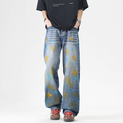 Men's Spring Color Splash Ink Washed Baggy Denim Jeans