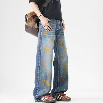 Men's Spring Color Splash Ink Washed Baggy Denim Jeans