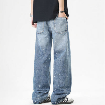 Men's Spring Heart Print Washed Baggy Wide Leg Denim Jeans