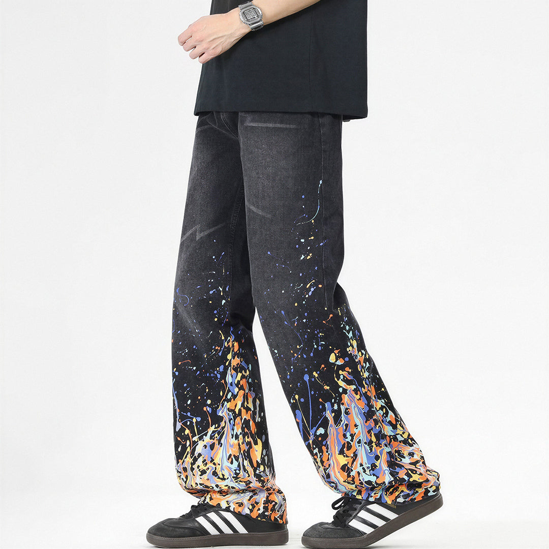 Men's Spring Flame Splash Ink Spliced Washed Denim Jeans