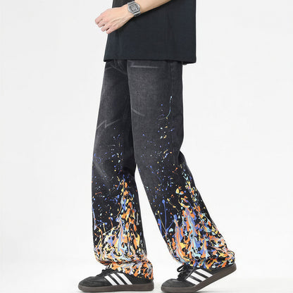 Men's Spring Flame Splash Ink Spliced Washed Denim Jeans