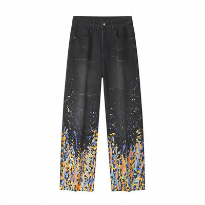 Men's Spring Flame Splash Ink Spliced Washed Denim Jeans