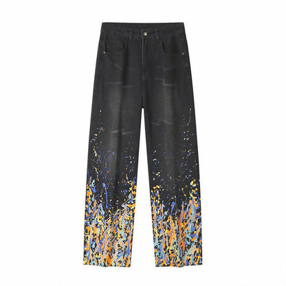 Men's Spring Flame Splash Ink Spliced Washed Denim Jeans