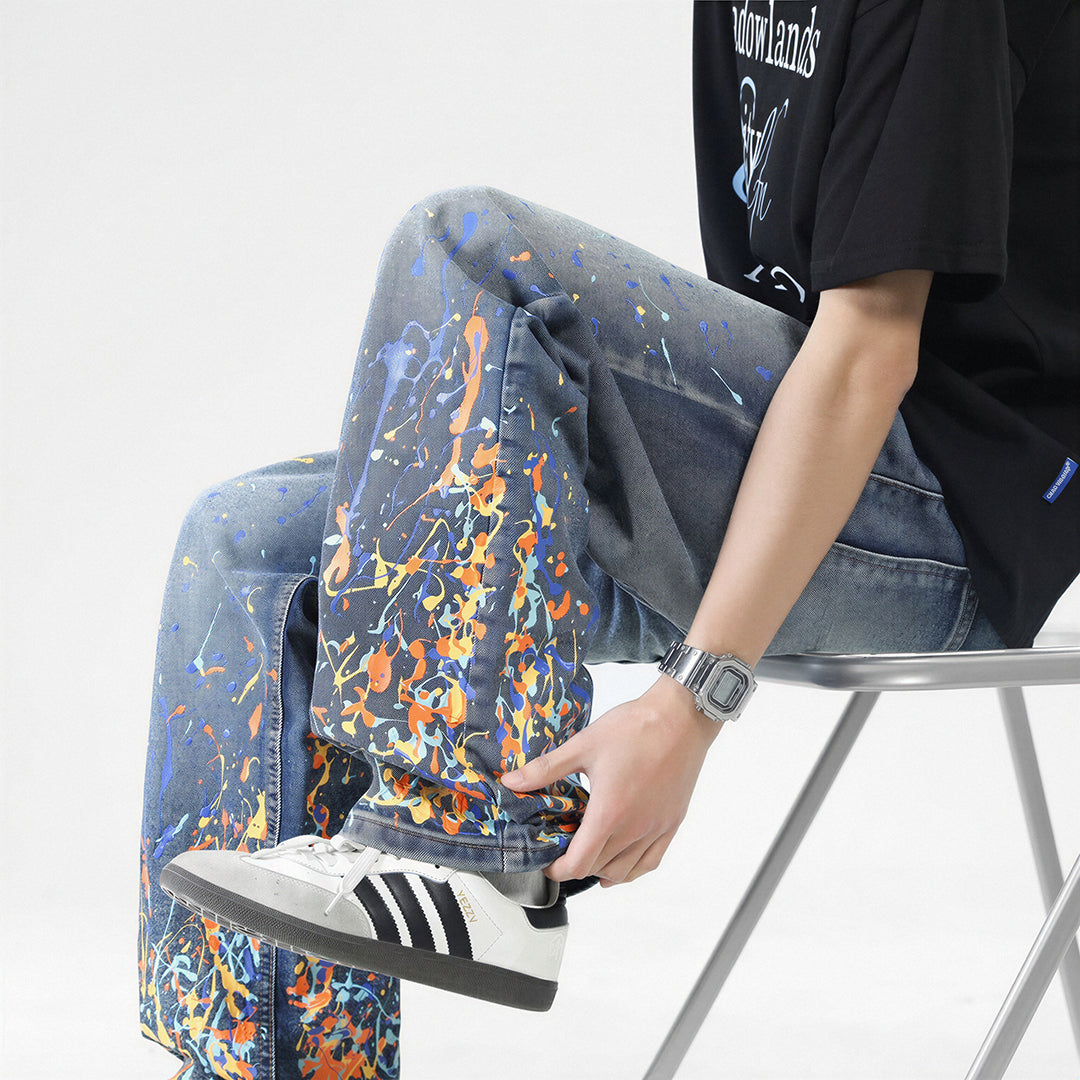 Men's Spring Flame Splash Ink Spliced Washed Denim Jeans
