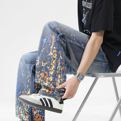 Men's Spring Flame Splash Ink Spliced Washed Denim Jeans