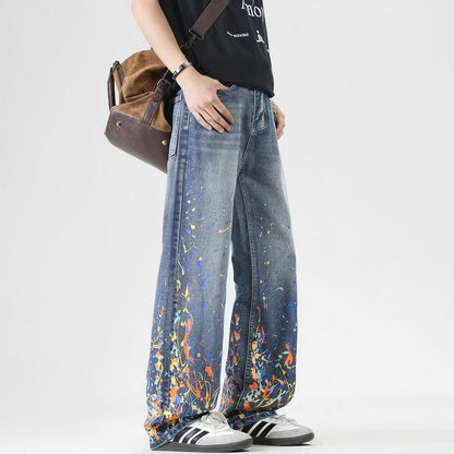 Men's Spring Flame Splash Ink Spliced Washed Denim Jeans