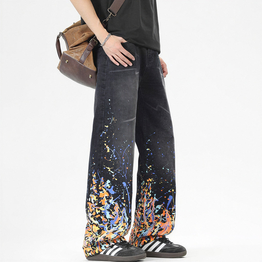 Men's Spring Flame Splash Ink Spliced Washed Denim Jeans