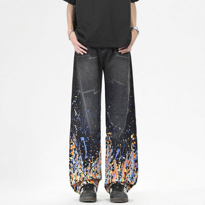 Men's Spring Flame Splash Ink Spliced Washed Denim Jeans