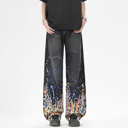 Men's Spring Flame Splash Ink Spliced Washed Denim Jeans
