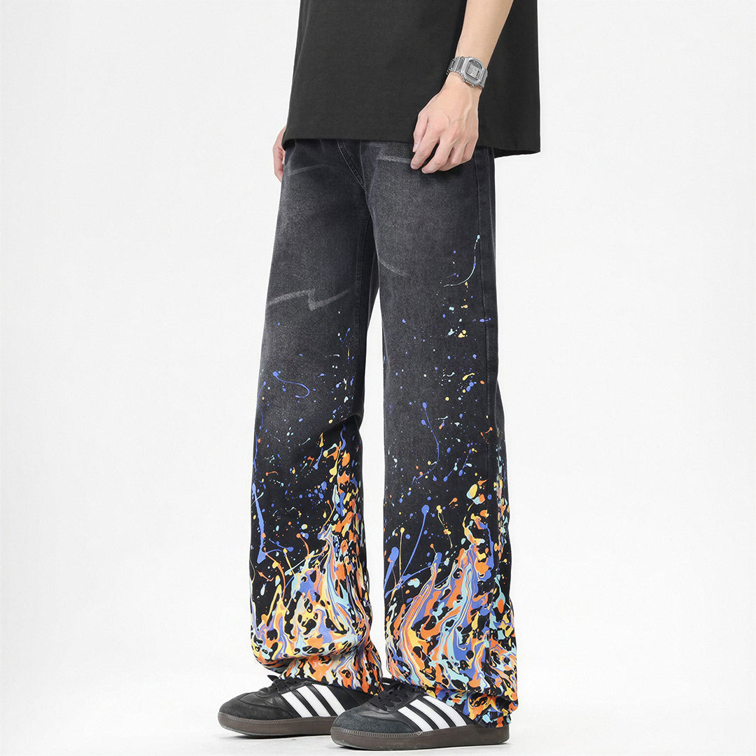 Men's Spring Flame Splash Ink Spliced Washed Denim Jeans