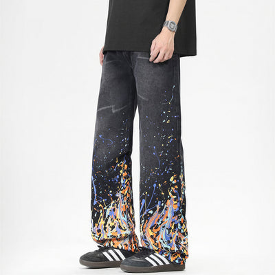 Men's Spring Flame Splash Ink Spliced Washed Denim Jeans