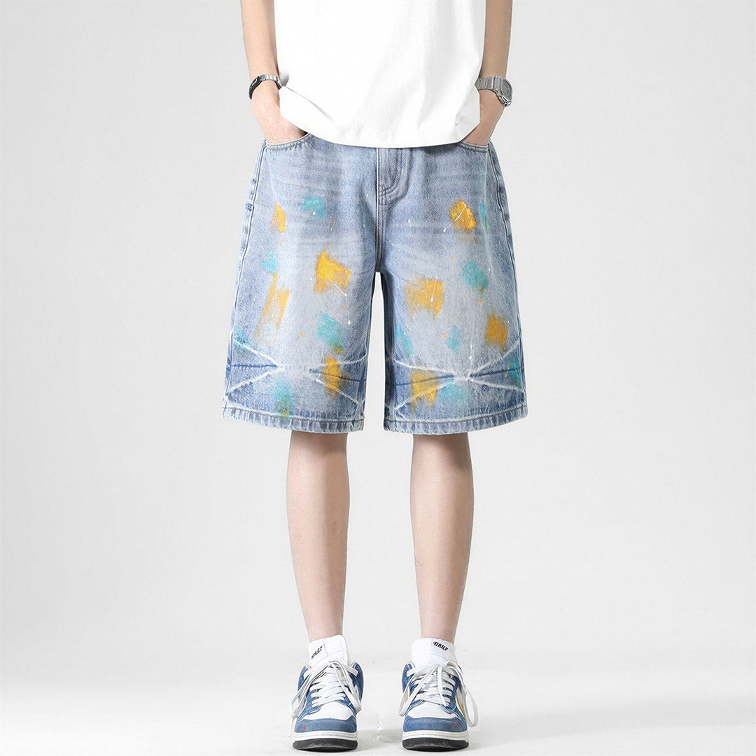 Men's Summer Colorful Splash Ink Washed Baggy Denim Shorts