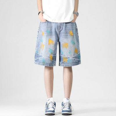 Men's Summer Colorful Splash Ink Washed Baggy Denim Shorts